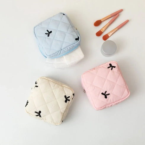 Candy Color Bow Canvas Lipstick Cosmetic Bag Cute Women's Makeup Bag Large Capacity Sanitary Napkins Storage Bag Tampon Pouch